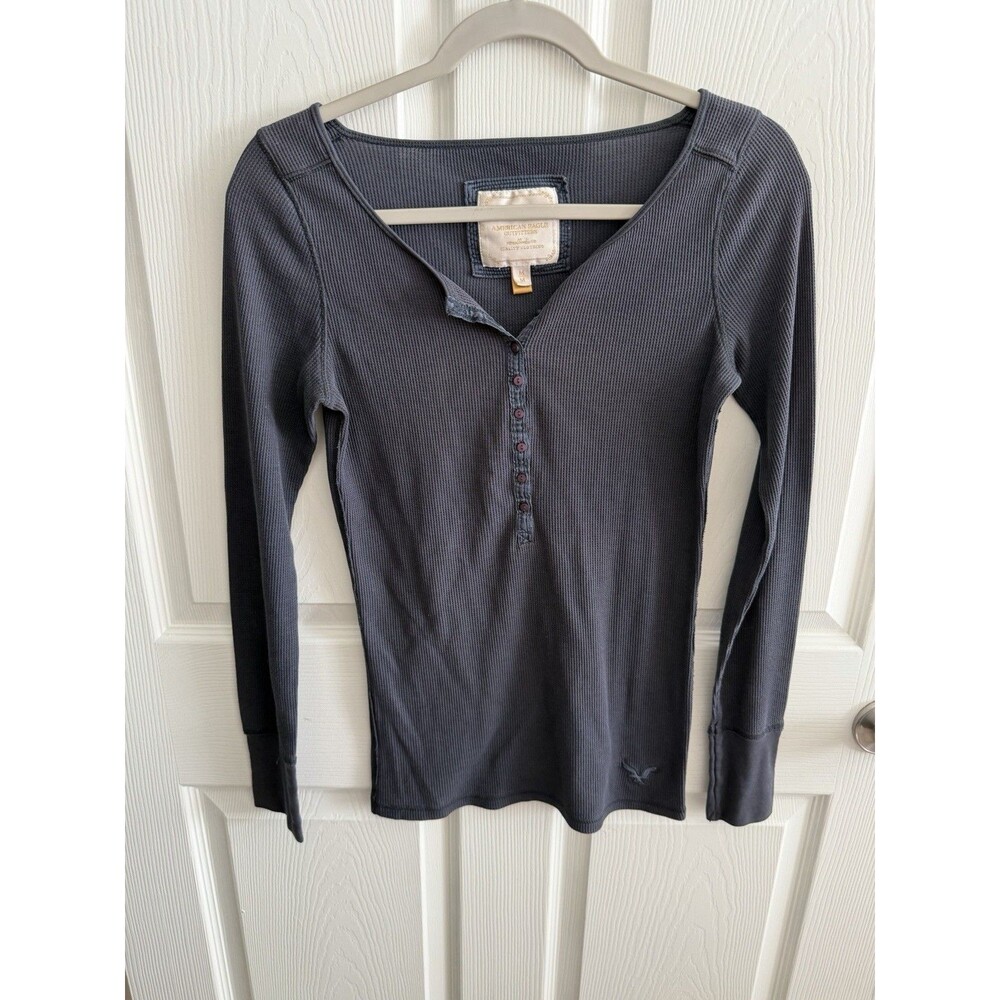Women’s Y2K American Eagle Long Sleeve Gray Waffle Knit Henley Medium